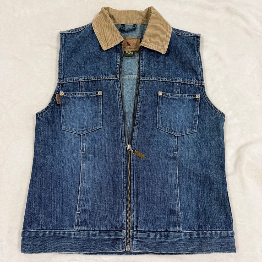 Eddie Bauer Blue Denim Vest with Brown Collar